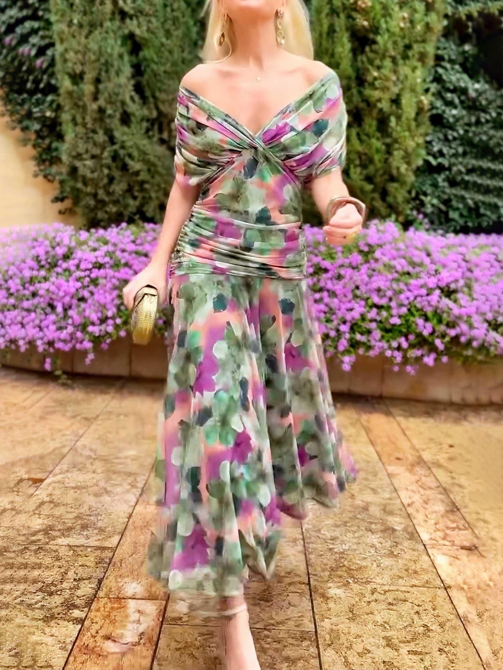 Floral Painted Maxi Dress For Women Elegant V Neck A Line Tulle Party Gown Loose Fit Ankle Length main image 0