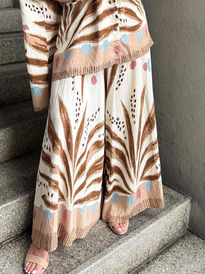 Unique Bohe Print Colorblock Elastic Waist Loose Fit Wide Leg Pants