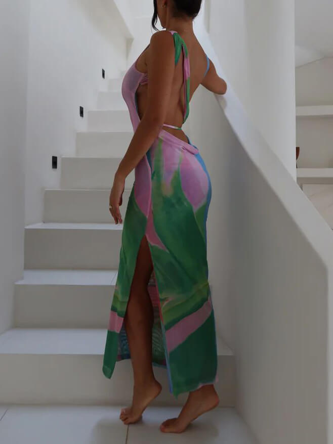 Yan Yırtmaçlı Seksi Sırtı Açık Kolsuz Midi Elbise