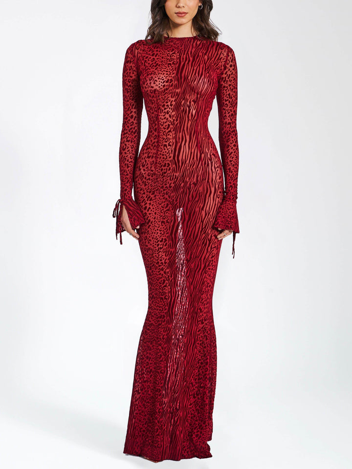 Robe longue dos nu en maille de velours léopard exquise