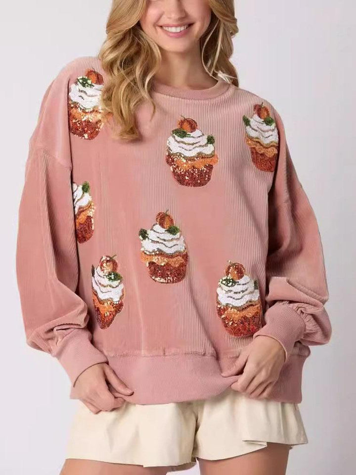 Sweatshirt met kersttaart en lovertjes