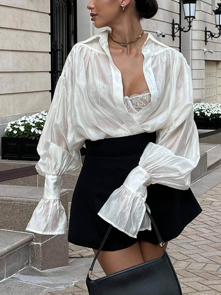 Camisa con manga farol y solapa holgada dulce y fresca