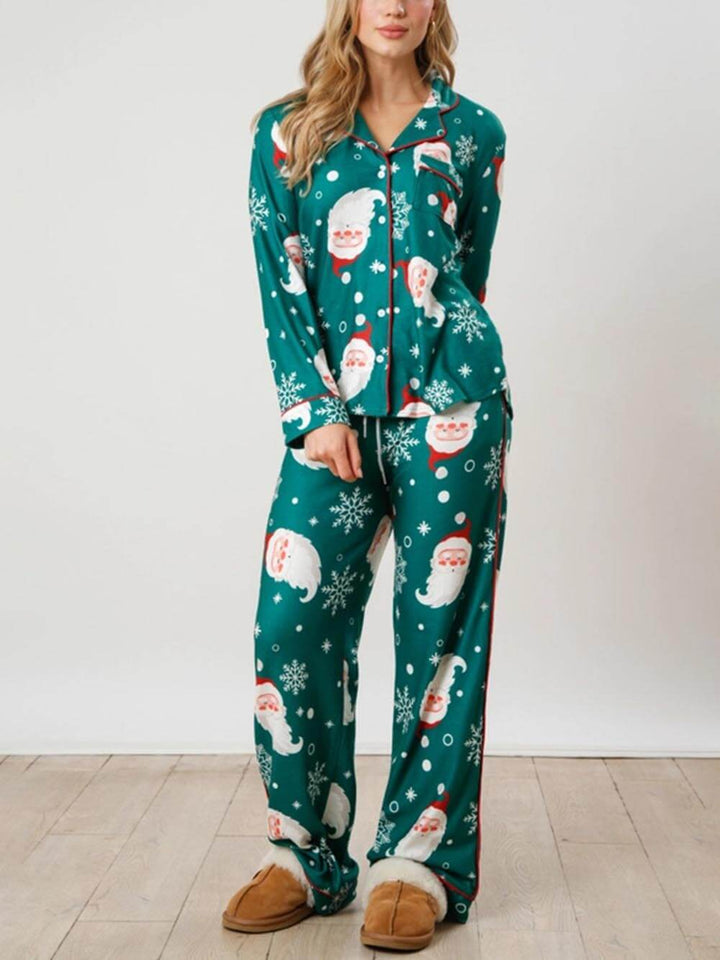 Set di abbigliamento per la casa a maniche lunghe con bottoni e stampa di fiocchi di neve di Babbo Natale