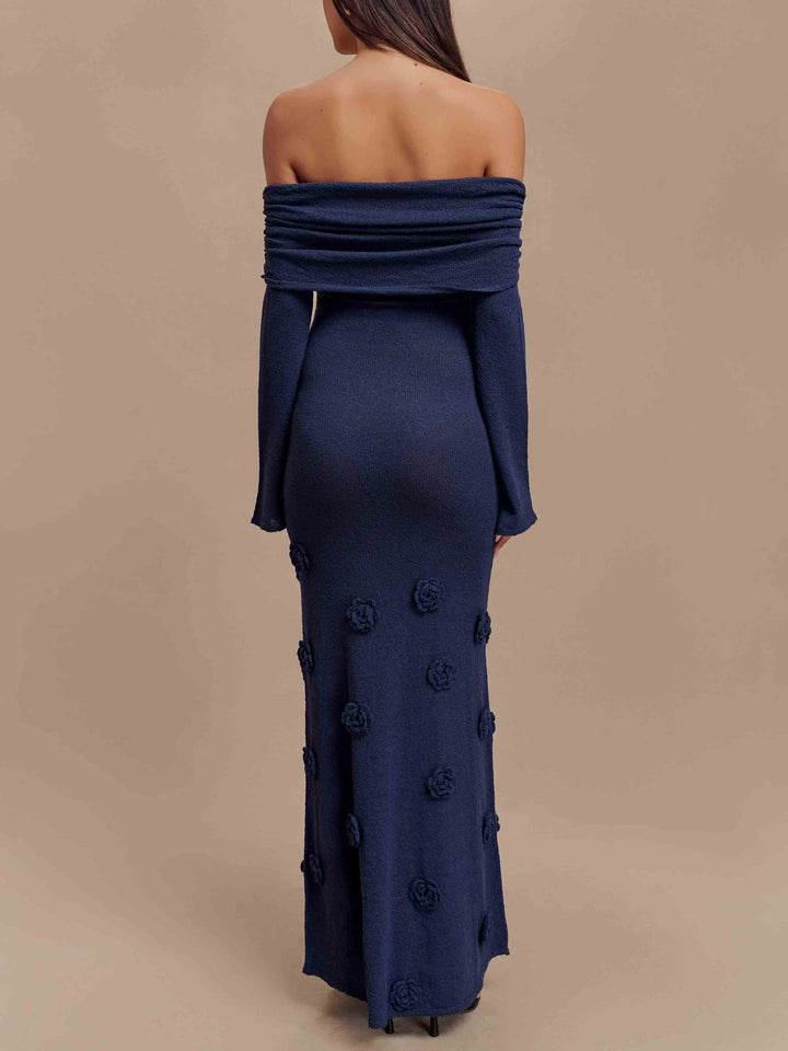 Rochie maxi tricotată, elegantă, cu umăr liber