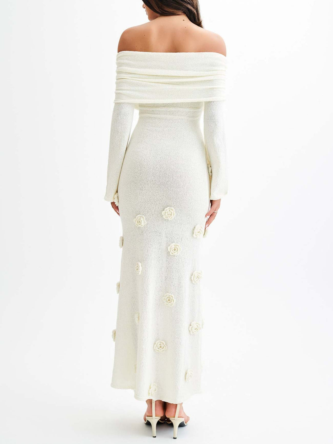 Rochie maxi tricotată, elegantă, cu umăr liber