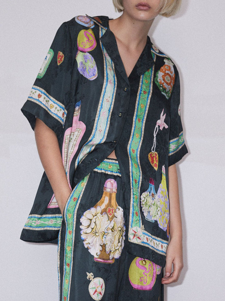 Satin Unique Fun Print Button Oversized Shirt