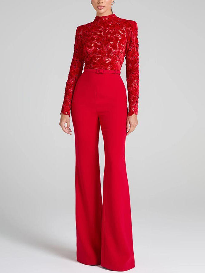 Elegant Lace Panel Flared Jumpsuit