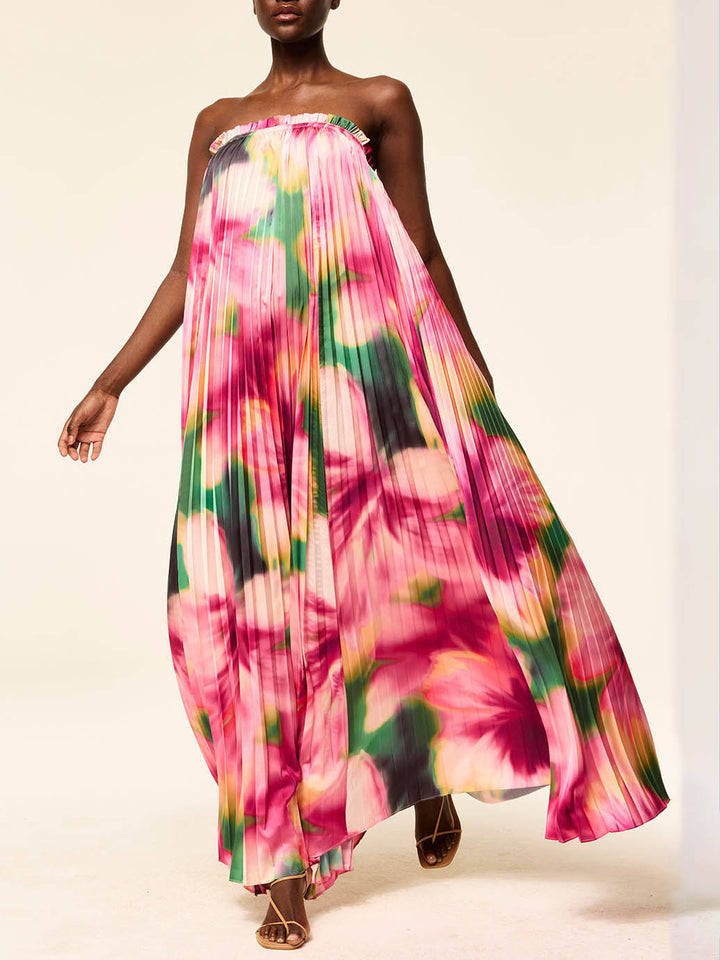 Elegant Hibiscus Print Pleated Maxi Dress