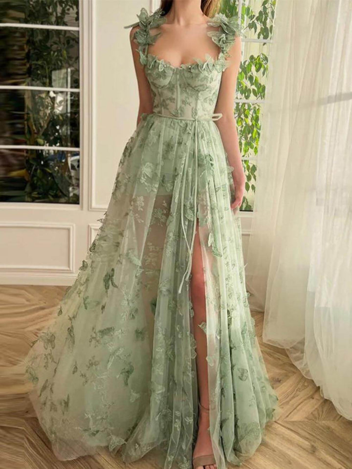 Robe longue de soirée élégante en tulle et dentelle papillon avec fente boule