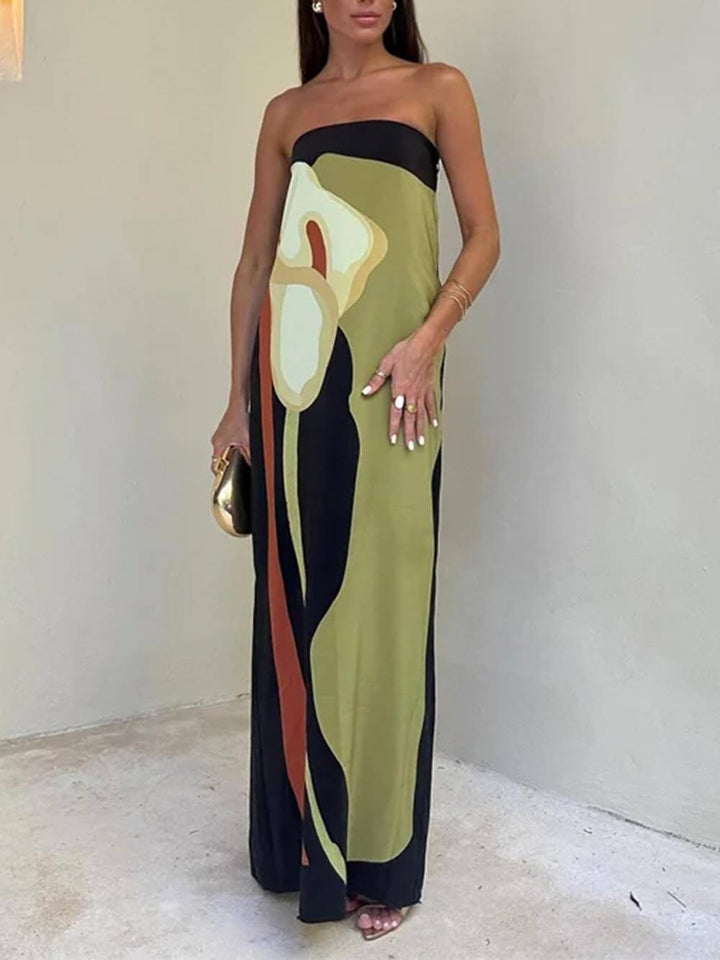 Vestido maxi estampado sem mangas com ombro de fora da moda