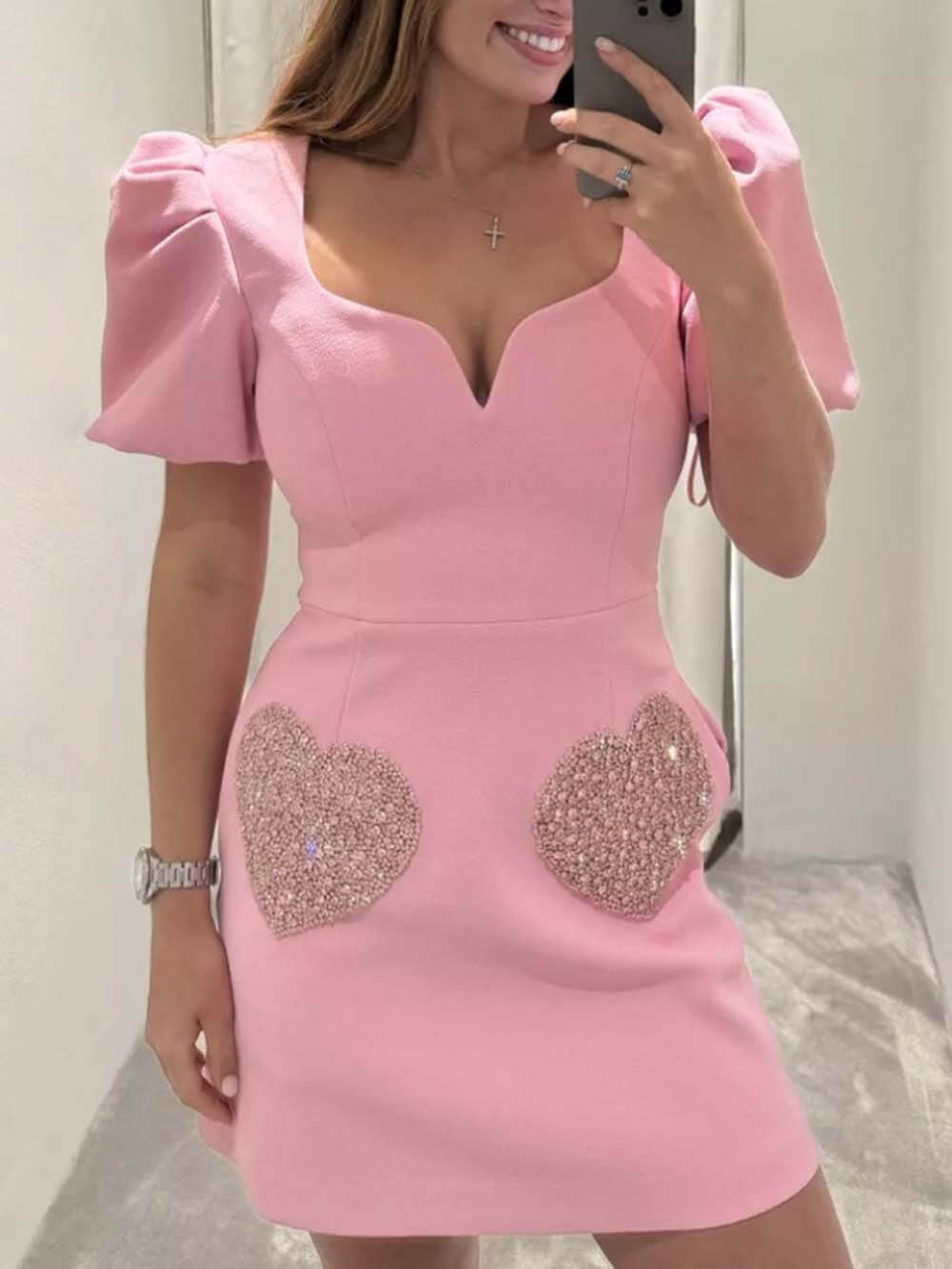 Elegantes und süßes Abendkleid mit Pailletten und Puffärmeln