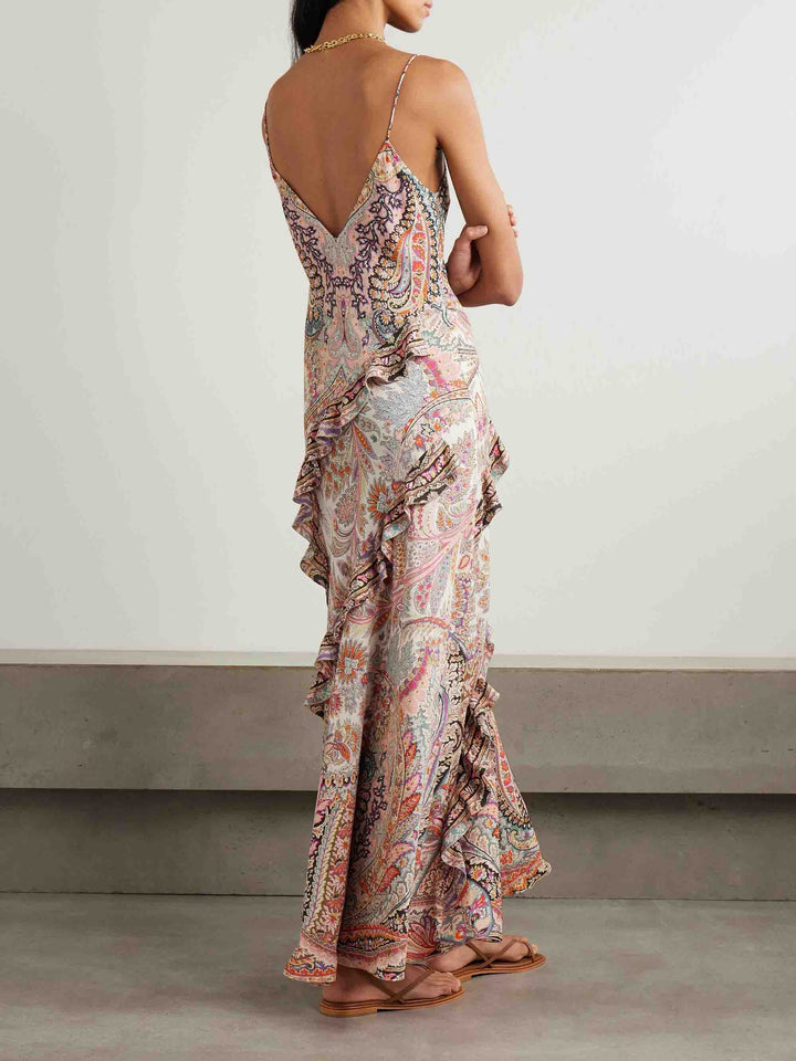 Retro Pirley Print Ruffle Chiffon Midi Dress