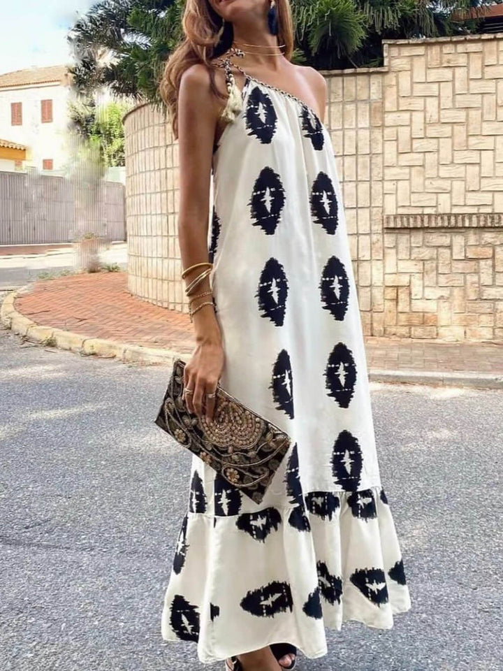 Vestido maxi solto com estampa étnica Sunshine de um ombro