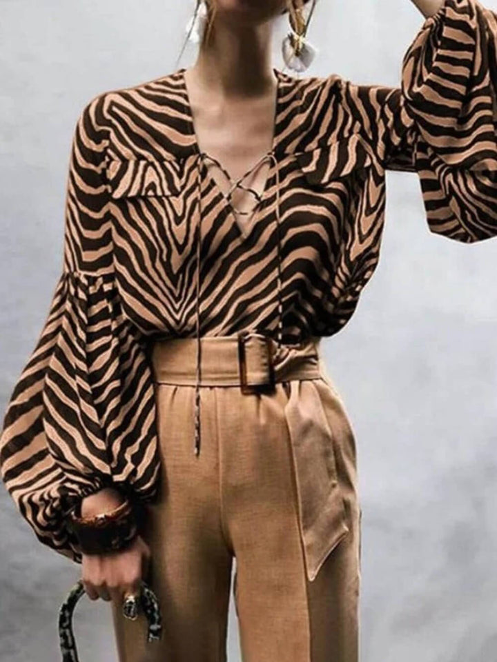 Zebra Print V-Neck Tie Long Sleeve Shirt