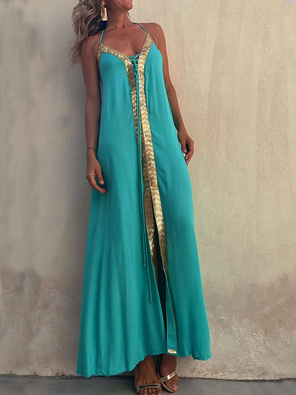 Vestido Maxi Resort Casual com Gola Halter