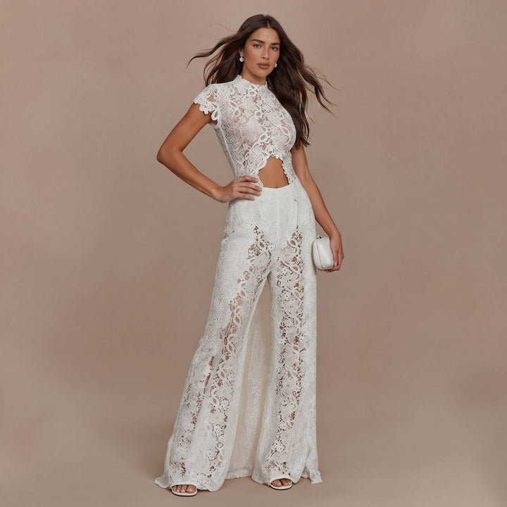 Lace Long-sleeved Top And Wide-leg Pants Set