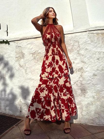 Casual Strapless Layered Floral Print Maxi Dress