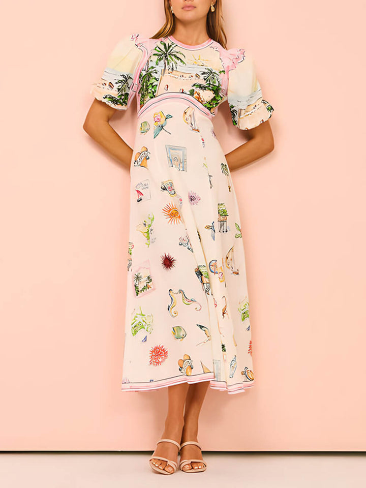 Feature Printed Ethnic Style Round Neck Midi Dress