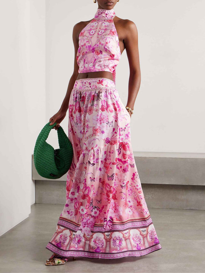Elegant Butterfly Floral Print Maxi Skirt Two-Piece Set