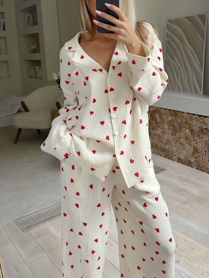 Pyjamasets met schattige hartprint en knoopsluiting