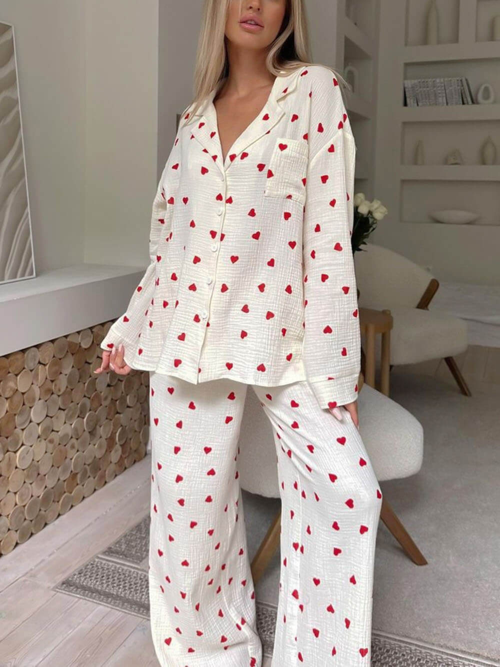 Ensembles de pyjama chemise boutonnée à imprimé coeur mignon