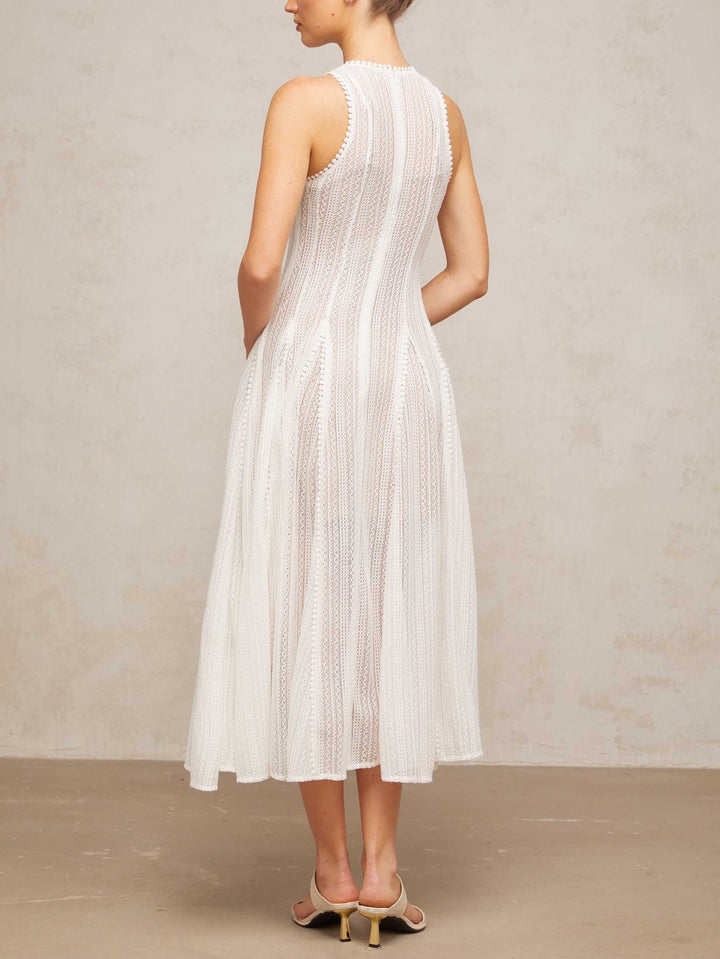 Elegant Hollow Lace Slim Sleeveless Swing Midi Dress