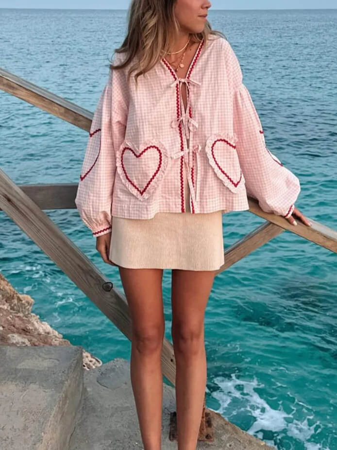 Chemise décontractée à lacets et ruban d'amour à carreaux