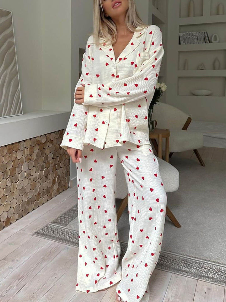 Pyjamasets met schattige hartprint en knoopsluiting