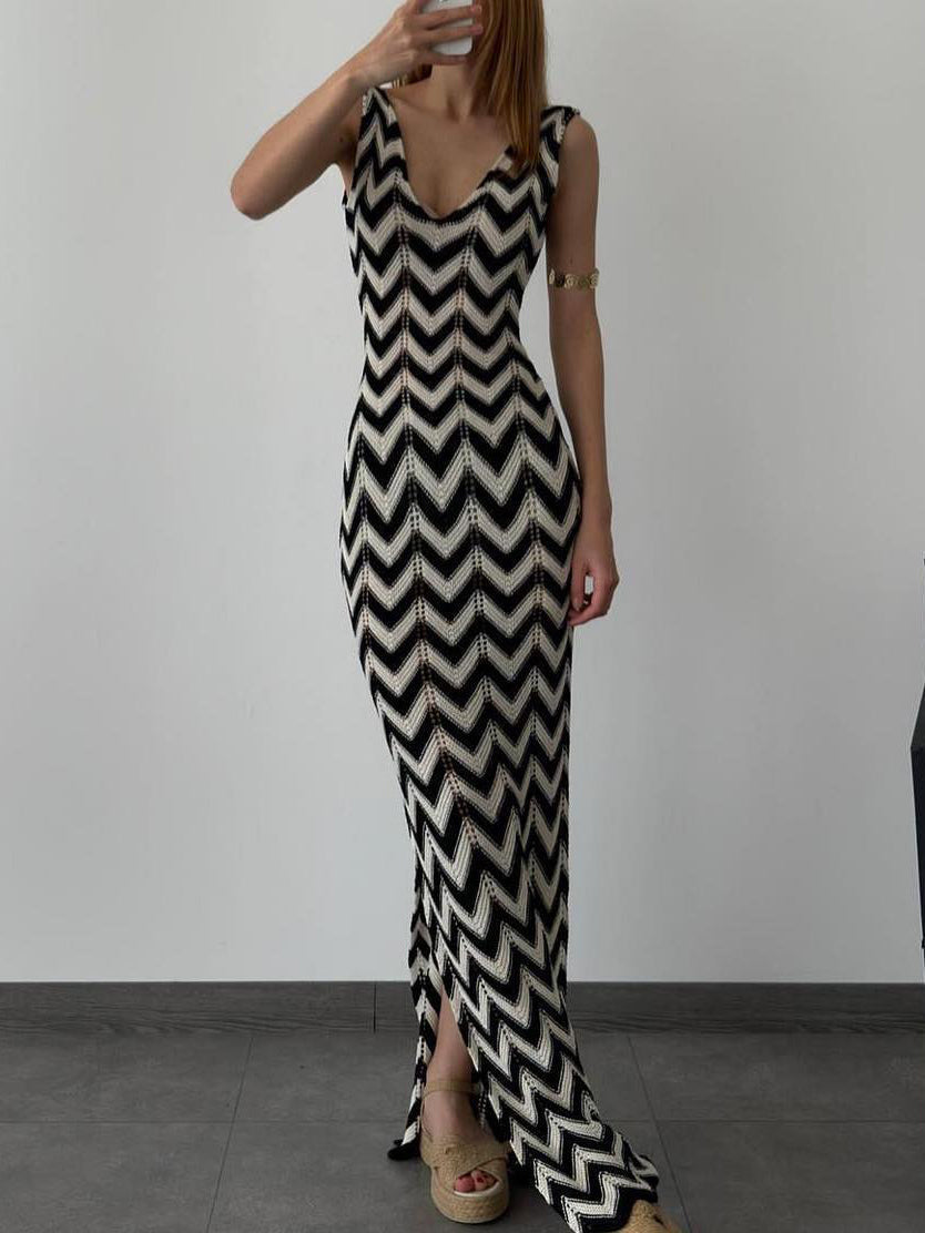 Summer V-Neck Striped Crochet Slit Sexy Maxi Dress