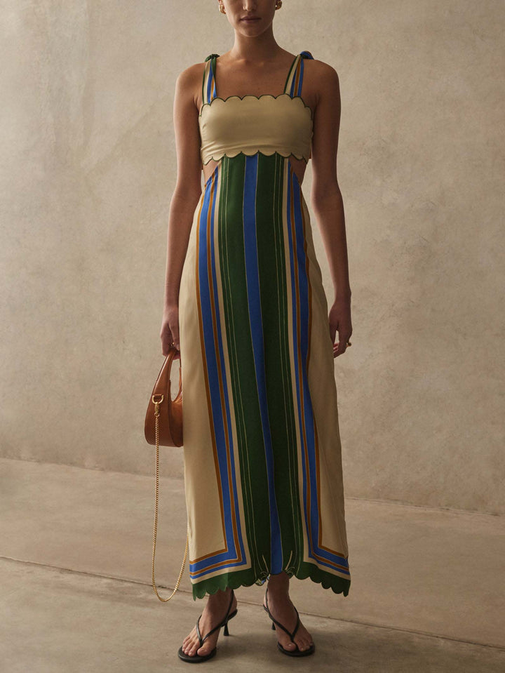 Exquisite Colorful Stripe Print Hollow Maxi Dress