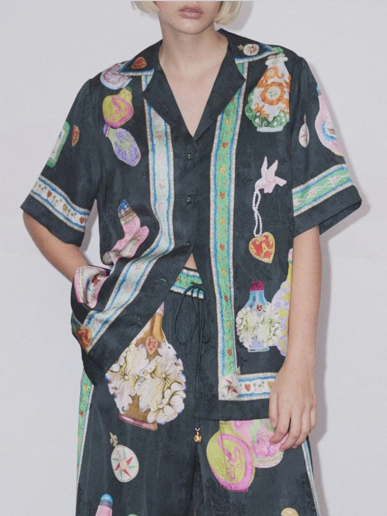 Satin Unique Fun Print Button Oversized Shirt