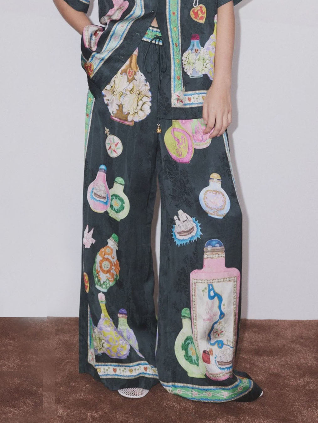 Satin Unique Fun Print Pocket Wide Leg Pocket