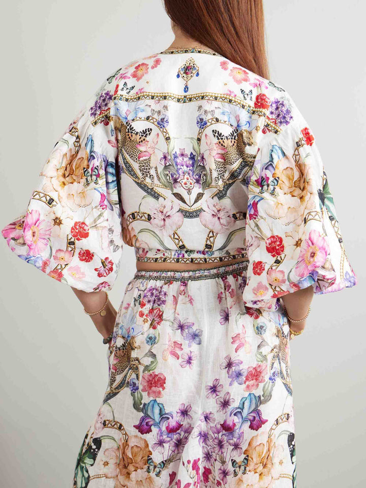 Unique Exotic Garden Floral Print Tie Top