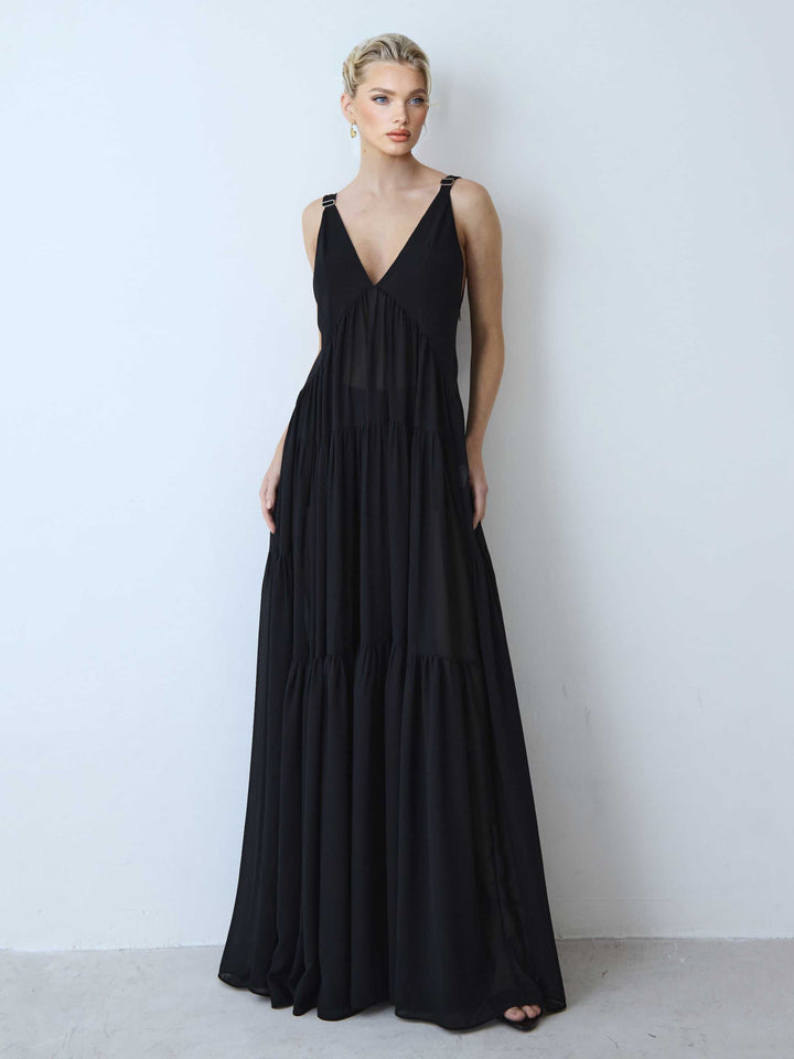 Exquisite V-neck Layered Chiffon Shawl Maxi Dress