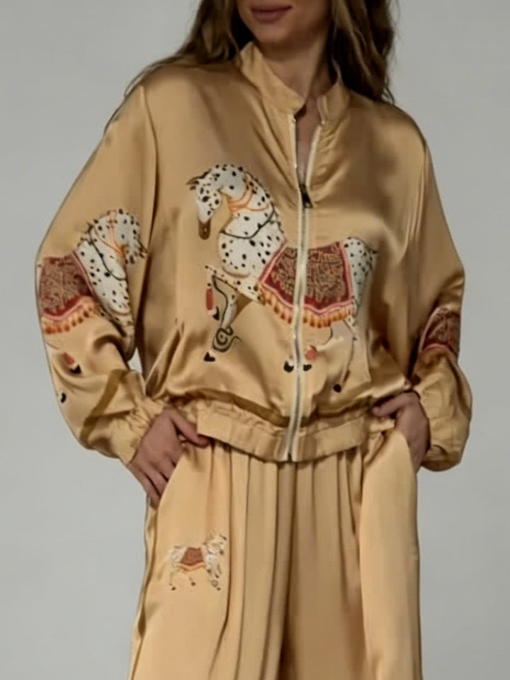 Exquisite Satin Horse Print Wide-Leg Pants