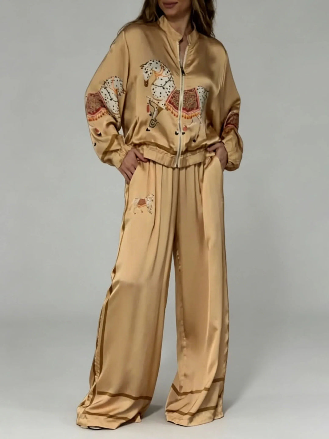 Exquisite Satin Horse Print Wide-Leg Pants