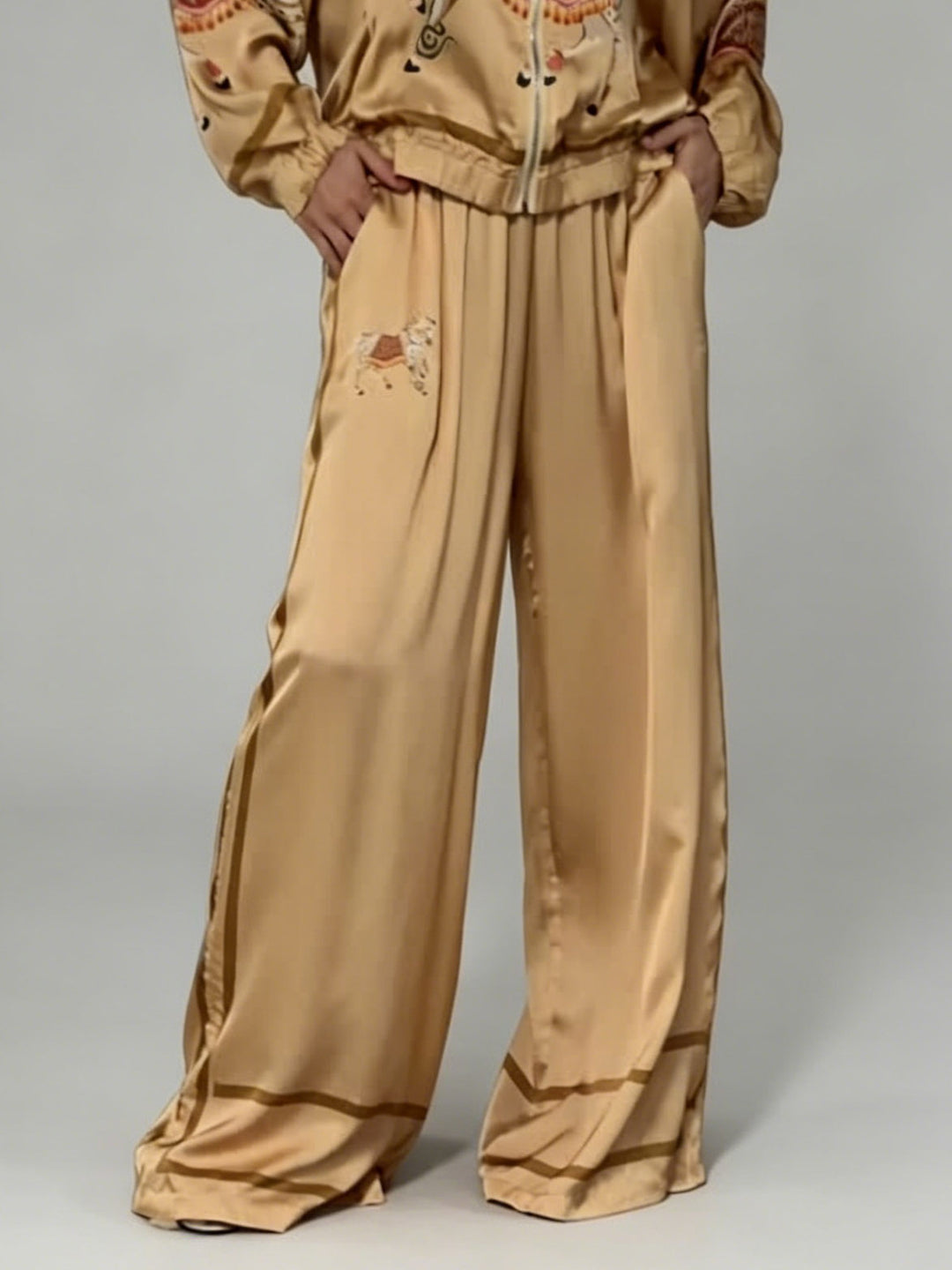 Exquisite Satin Horse Print Wide-Leg Pants