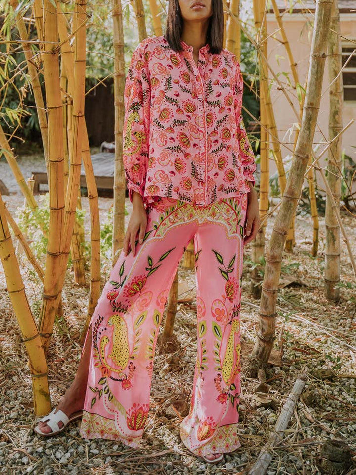 Unique Exquisite Floral Print Slit Wide-leg Pants