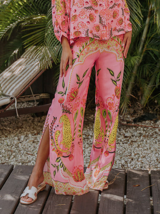 Unique Exquisite Floral Print Slit Wide-leg Pants