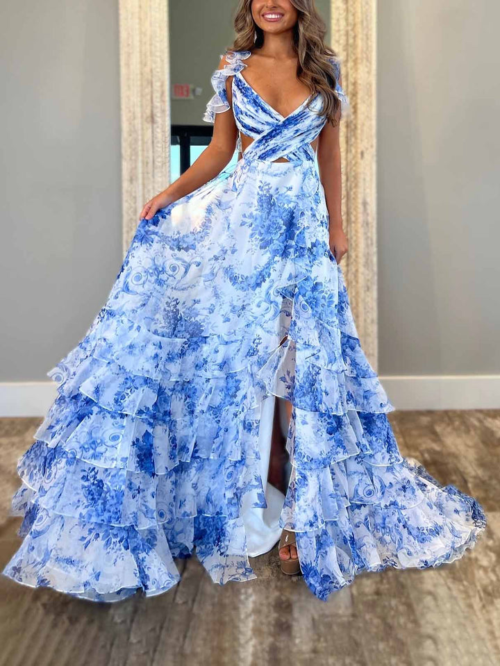 Elegant Printed V-neck Ruffled Flowy Maxi Dress