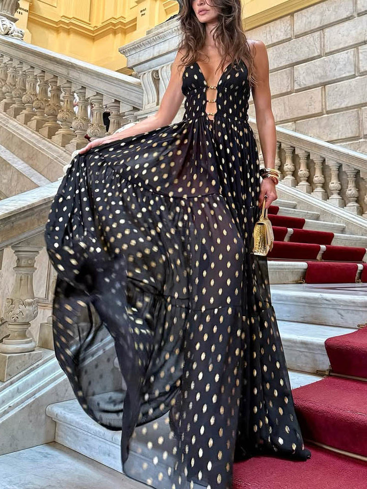 Elegant Polka Dot Print V-Neck Flowy Maxi Dress