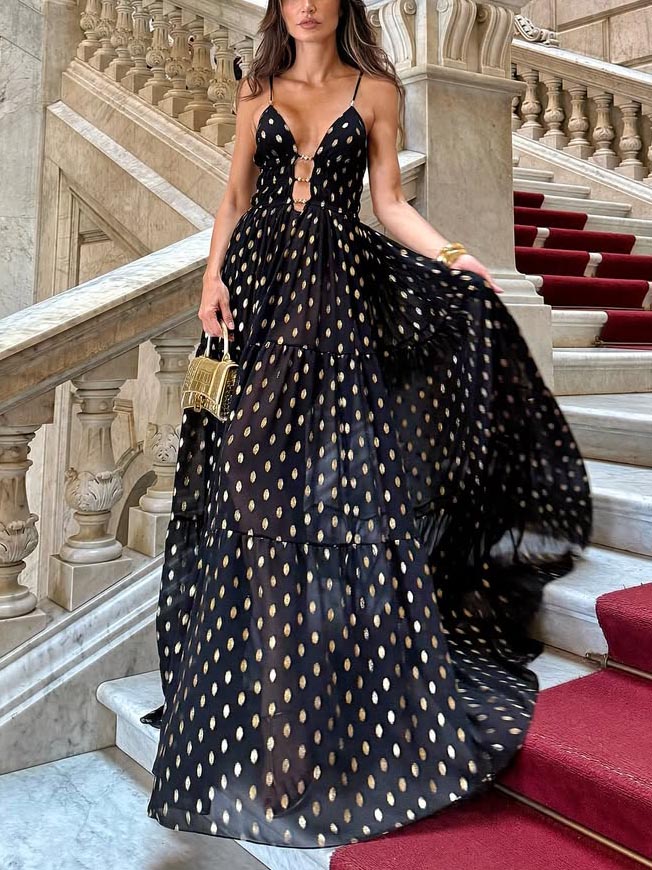 Elegant Polka Dot Print V-Neck Flowy Maxi Dress