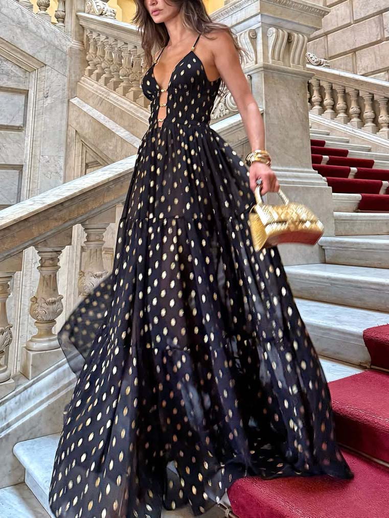 Elegant Polka Dot Print V-Neck Flowy Maxi Dress