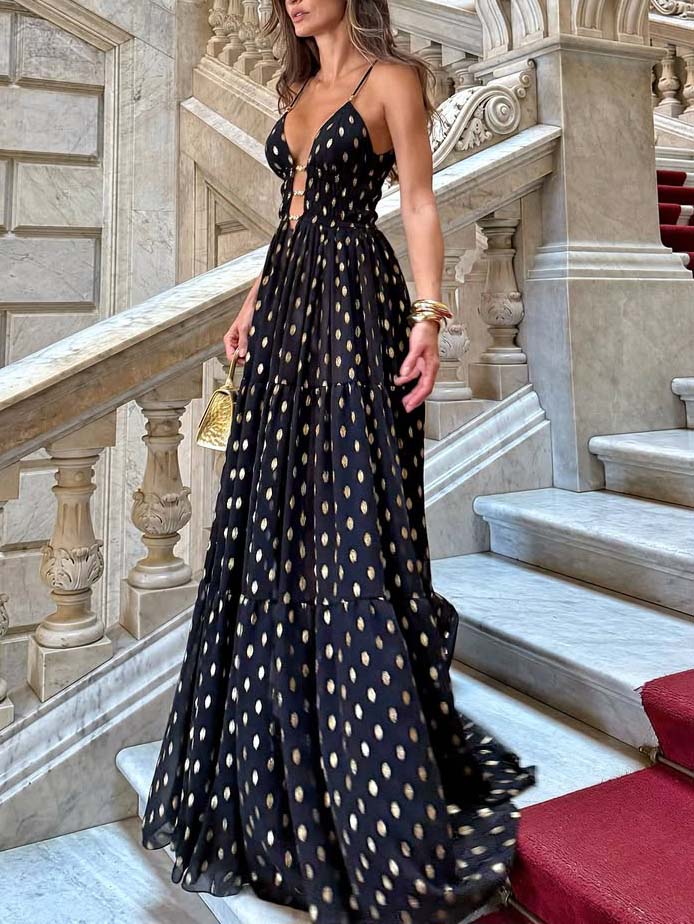 Elegant Polka Dot Print V-Neck Flowy Maxi Dress