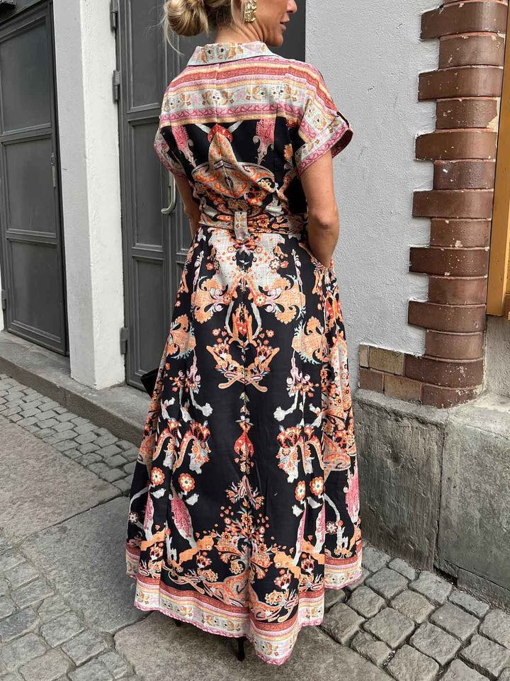 Exquisite Vintage Plley Print Shirt-style Maxi Dress
