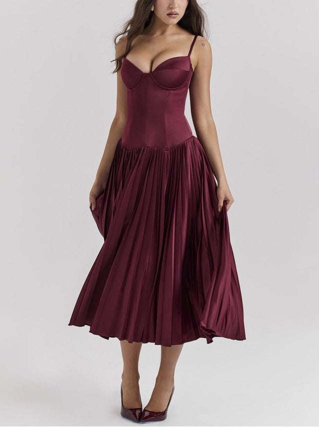 Elegant Sexy Sling Fit Pleated Maxi Dress