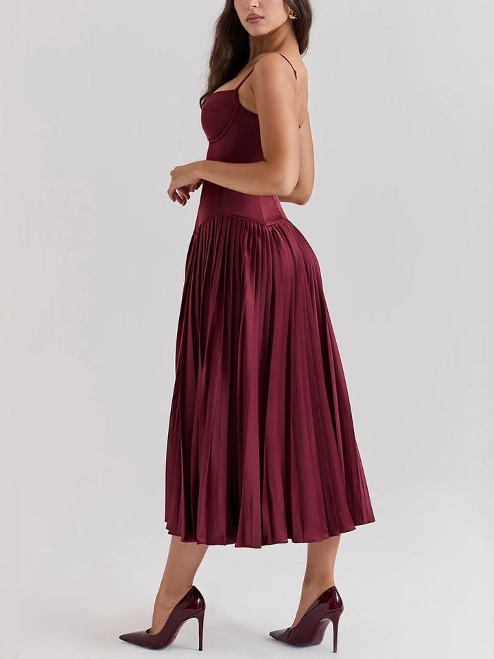 Elegant Sexy Sling Fit Pleated Maxi Dress