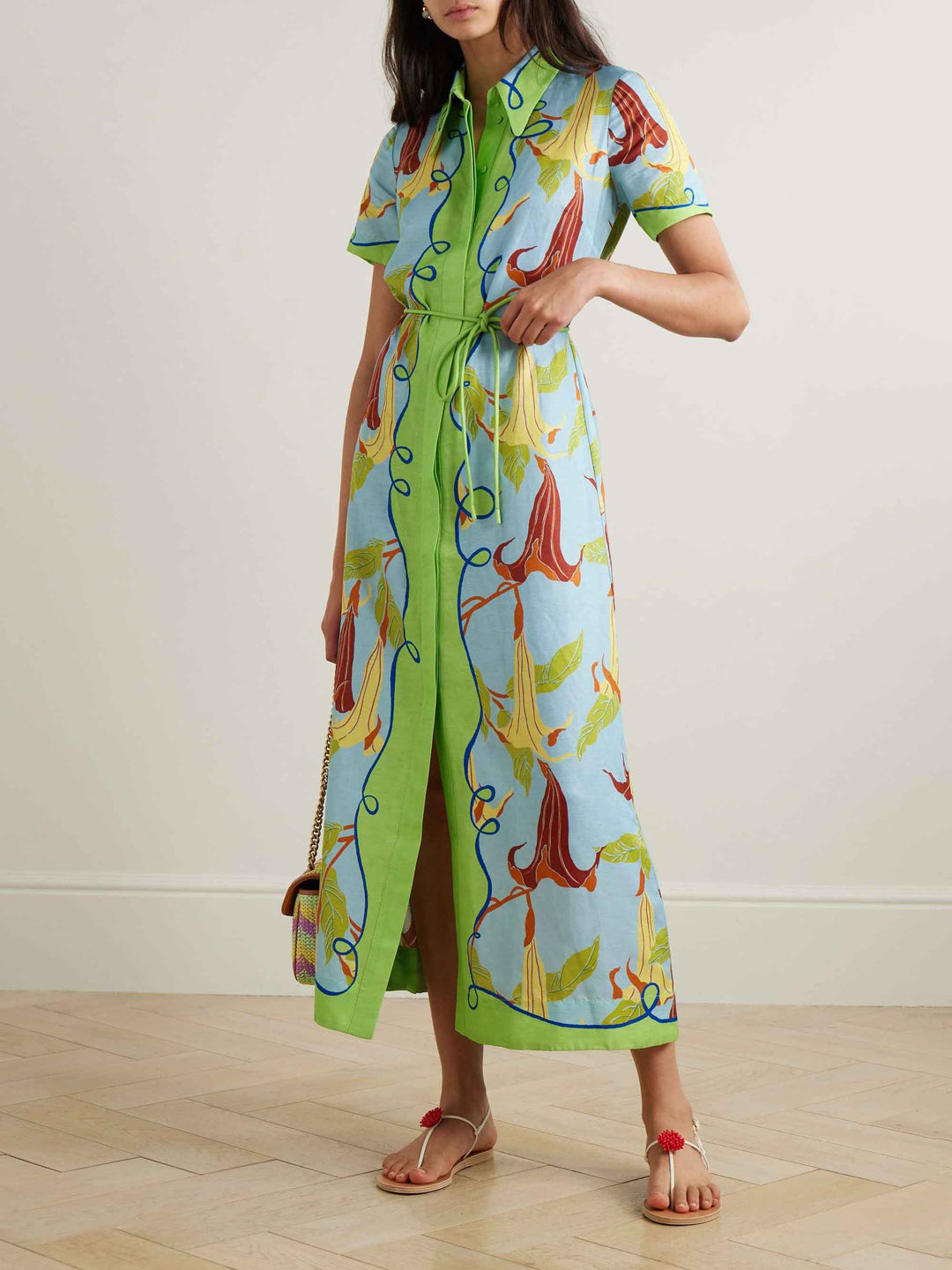 Unique Morning Glory Print Single Breasted Midi Dress