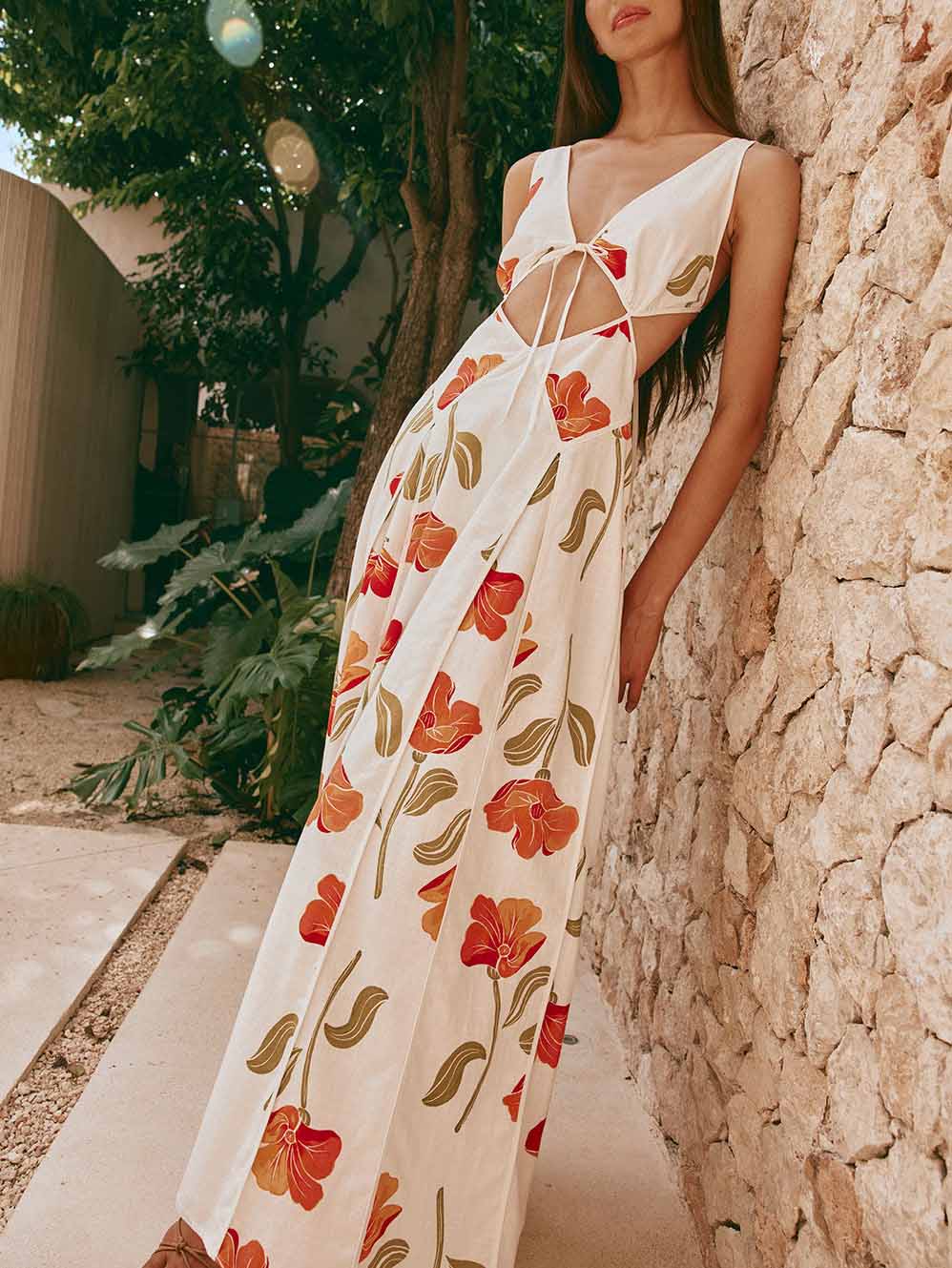 Fresh Floral Print Sexy Hollow Maxi Dress