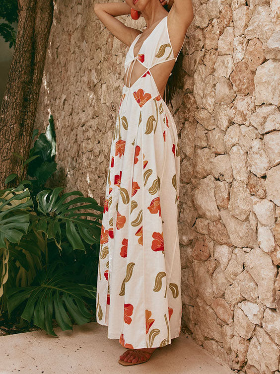 Fresh Floral Print Sexy Hollow Maxi Dress